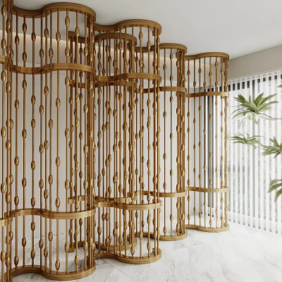 Elegant Golden Room Divider With Vertical Bars And Circular Decorations In Modern Interior 3d model