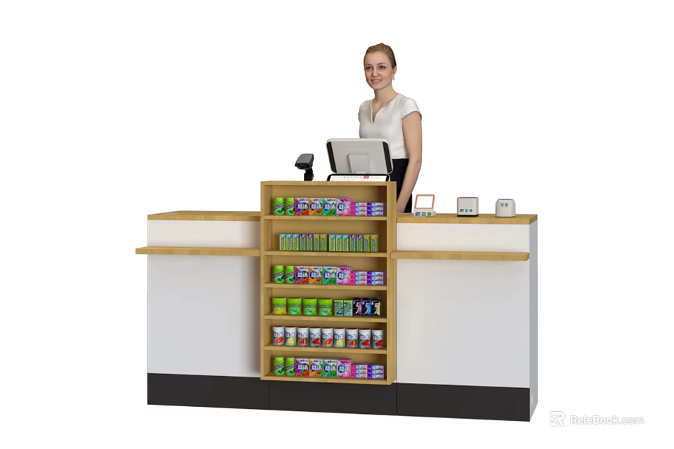 Mall Counter With Staff Standing At Computer Cash Register And Shelves Stocked With Products 3d model 