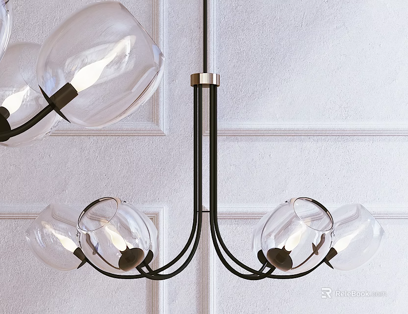 Modern Chandelier with Black Metal Frame and Transparent Glass Globe Shades on White Wall 3d model 