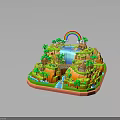 Vibrant Modern 3D Island Scene With Rainbow Waterfall Huts Palm Trees And River Bridge