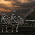 Game Film Medieval Knight Characters In Armor With Swords On Desert Battlefield