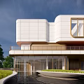 Modern Sales Office Building Facade With Large Glass Windows White Exterior And Sleek Curves