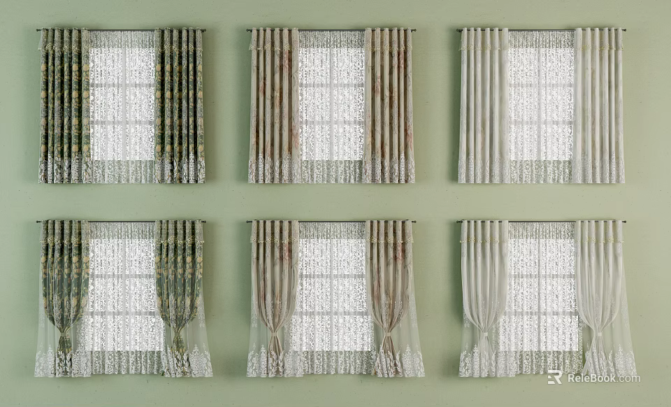 Different Designed Window Curtains With Lace Trim On Light Green Wall 3d model 