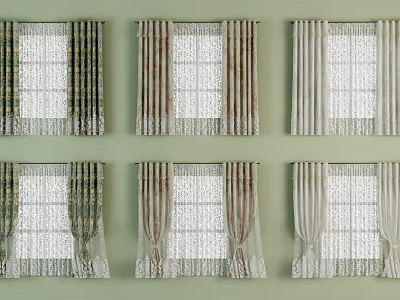 Different Designed Window Curtains With Lace Trim On Light Green Wall 3d model
