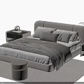 Modern Double Bed Interior With Upholstered Headboard Pillows Blanket Bedside Tables Green Plant And Stool