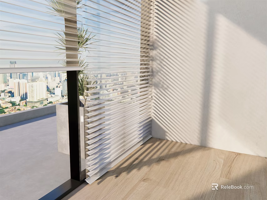 Contemporary Window Blinds Regulating Sunlight In Room With City View And Wooden Floor 3d model 