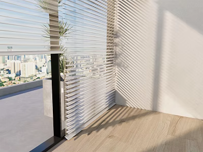 Contemporary Window Blinds Regulating Sunlight In Room With City View And Wooden Floor 3d model