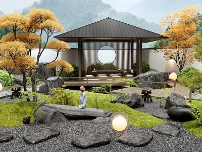 Dry Landscape Courtyard Garden Pavilion Tea Room Plant Landscape Stone Tingbu Micro Terrain Landscape Tree model