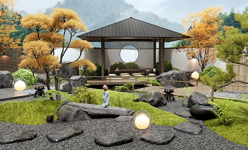 Dry Landscape Courtyard Garden Pavilion Tea Room Plant Landscape Stone Tingbu Micro Terrain Landscape Tree 3d model