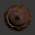 Handcrafted Gourd Shaped Household Item With Brown Net Wrapping And Rope Accent