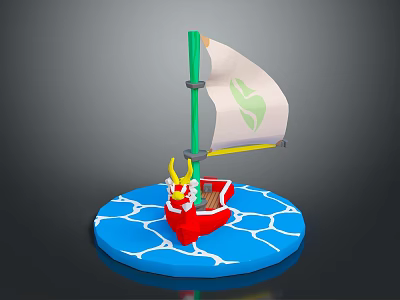 Small Red Water Transport Boat With Yellow Character Green Mast White Sail And Green Leaf 3d model