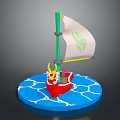 Small Red Water Transport Boat With Yellow Character Green Mast White Sail And Green Leaf