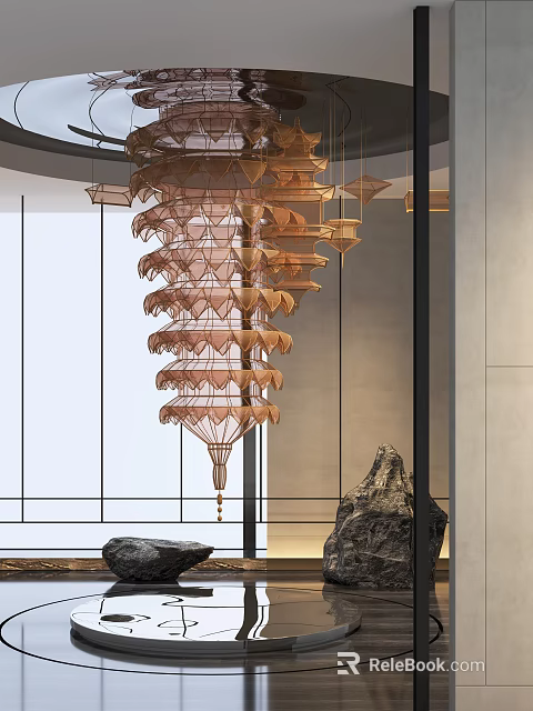 Intricate Hanging Sculpture With Layered Wooden Design In Modern Interior With Stone Accents 3d model 