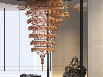 Intricate Hanging Sculpture With Layered Wooden Design In Modern Interior With Stone Accents 3d model