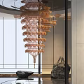 Intricate Hanging Sculpture With Layered Wooden Design In Modern Interior With Stone Accents