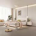 Modern Bedroom Interior Design With White Tufted Bed Pink Blanket Decorative Painting And Plants