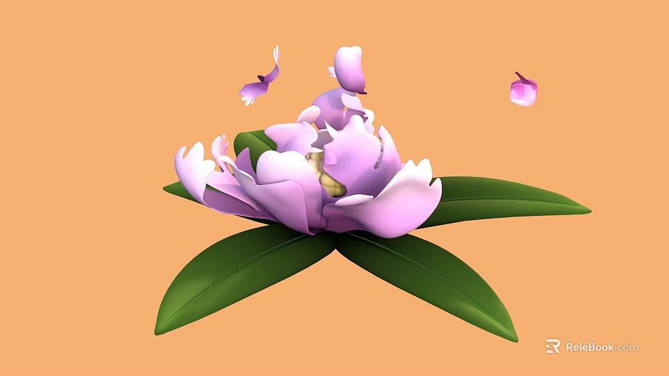 Vibrant Cartoon Scene of Pink Flower With Green Leaves And Falling Petals 3d model 
