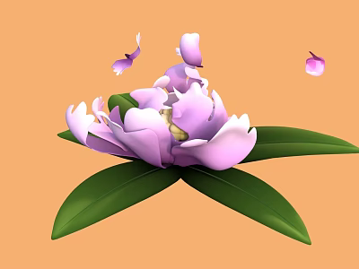 Vibrant Cartoon Scene of Pink Flower With Green Leaves And Falling Petals 3d model