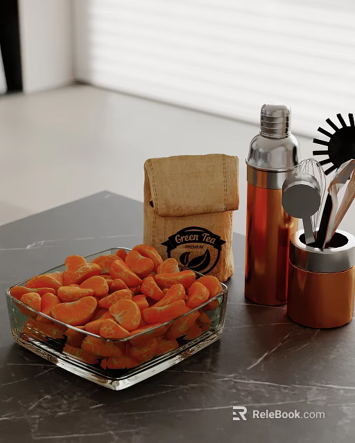 Glass Bowl With Orange Segments Green Tea Burlap Bag Copper Thermos And Utensils Holder 3d model 