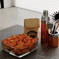 Glass Bowl With Orange Segments Green Tea Burlap Bag Copper Thermos And Utensils Holder