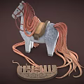 Wooden White Toy Horse with Red Mane Tail Brown Saddle Wooden Reins and Decorative Details