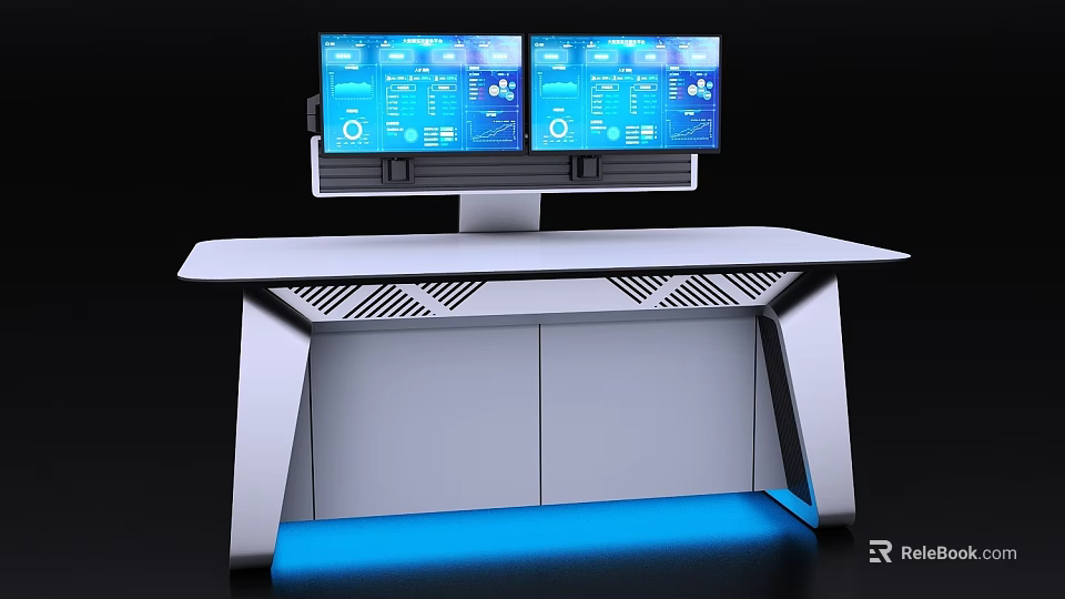 Modern Office Desk With Dual Monitors Blue Digital Screens And Blue LED Lighting 3d model 