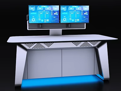 Modern Office Desk With Dual Monitors Blue Digital Screens And Blue LED Lighting 3d model