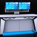 Modern Office Desk With Dual Monitors Blue Digital Screens And Blue LED Lighting