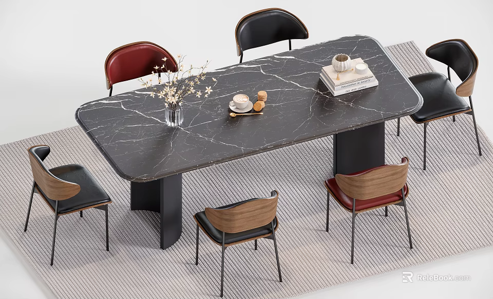 Modern Style Dining Table Set with Black Marble Top Multicolor Chairs and Decorative Items 3d model
