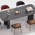 Modern Style Dining Table Set with Black Marble Top Multicolor Chairs and Decorative Items 3d model