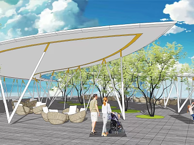 Garden Landscape Featuring White Tensile Membrane Structure Wicker Seating and Green Trees 3d model