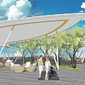 Garden Landscape Featuring White Tensile Membrane Structure Wicker Seating and Green Trees