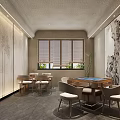 Traditional Chinese Private Room Interior With Round Window Wooden Tables And Decorative Paintings