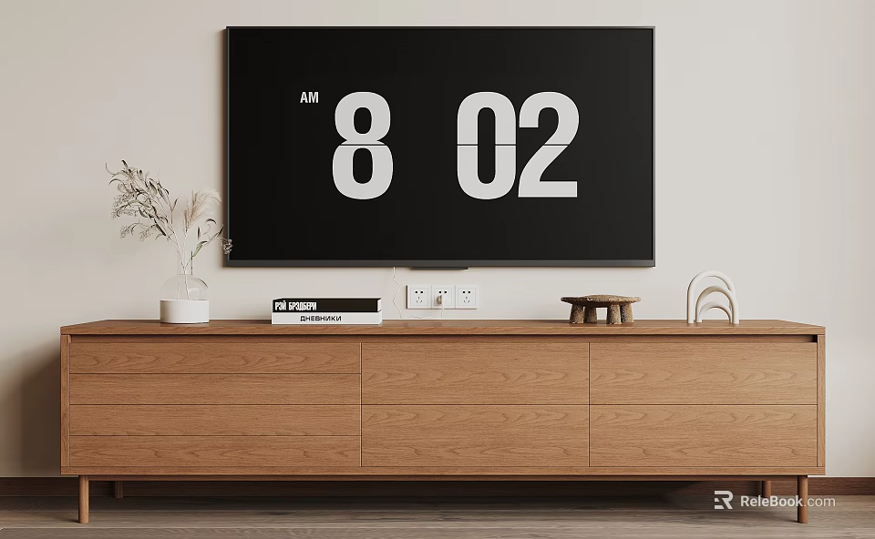 Wooden TV Stand with Wall-Mounted TV Vase Dried Flowers Media Player Tray and Wicker Basket 3d model 