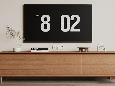 Wooden TV Stand with Wall-Mounted TV Vase Dried Flowers Media Player Tray and Wicker Basket 3d model