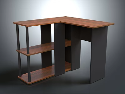 L Shaped Wooden Top Desk With Black Metal Frame And Multiple Shelves 3d model
