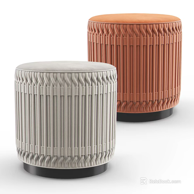 Modern Round Ottoman With Light Gray And Orange Woven Design For Living Room 3d model 