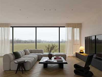 Modern Living and Dining Area With Large Windows Grassland View Light Sofa And Wooden Flooring 3d model
