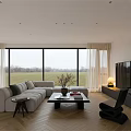 Modern Living and Dining Area With Large Windows Grassland View Light Sofa And Wooden Flooring
