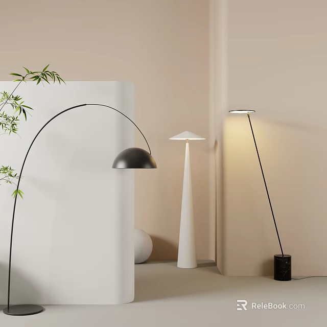 Modern Arc and Cone Floor Lamps in Minimalist Interior with Warm Lighting and Bamboo 3d model 