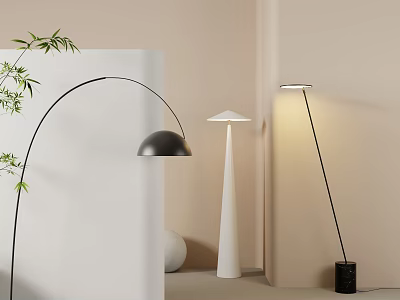Modern Arc and Cone Floor Lamps in Minimalist Interior with Warm Lighting and Bamboo 3d model