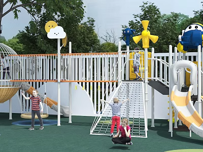 Kindergarten Outdoor Playground With Children Playing On Slide Climbing Frame Green Ground And Trees 3d model