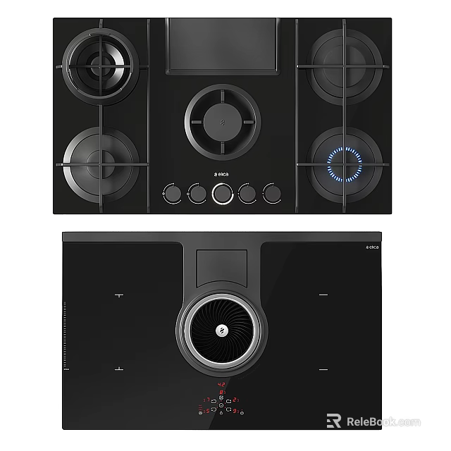 Modern Black Kitchen Gas Cooktop and Range Hood with Control Knobs Design 3d model 