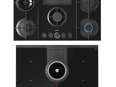 Modern Black Kitchen Gas Cooktop and Range Hood with Control Knobs Design 3d model