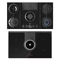 Modern Black Kitchen Gas Cooktop and Range Hood with Control Knobs Design