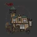 Mobile Cottage Building With Green Roof Tower Red Flag Windows And Wooden Wheels