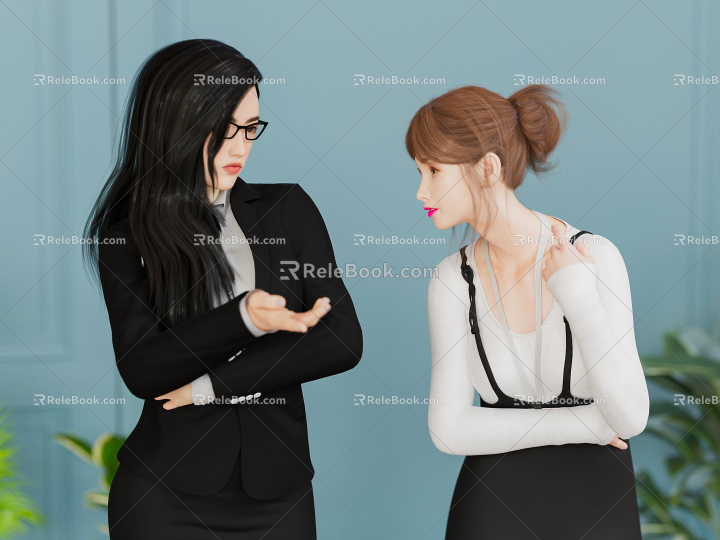 Modern Double Female Secretary Workplace Female Office Girl Office Beauty 3d model