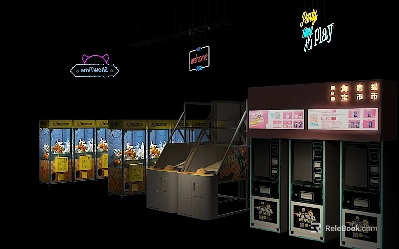 Vibrant Commercial Street Featuring Neon Signs Claw Machines and Vending Machines 3d model 