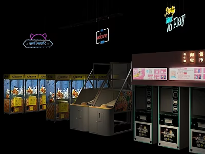 Vibrant Commercial Street Featuring Neon Signs Claw Machines and Vending Machines 3d model