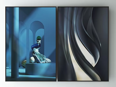 Modern Wall Art Set With Blue Arch Scene Figure Sculpture And Black White Wavy Design 3d model